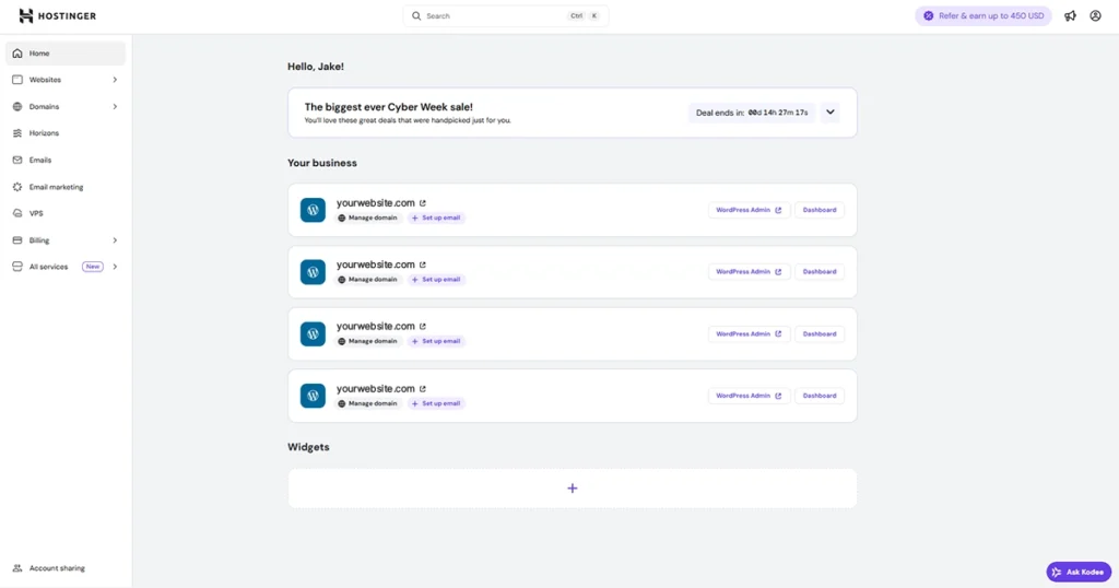 Hostinger hosting dashboard showing website and WordPress management options.
