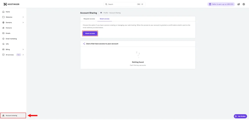 Hostinger account sharing