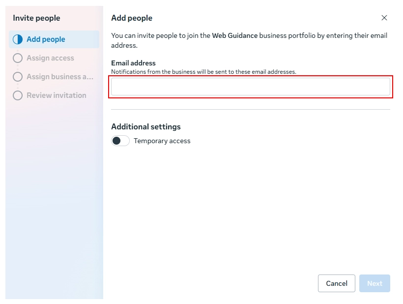 Meta Business Manager showing email address.