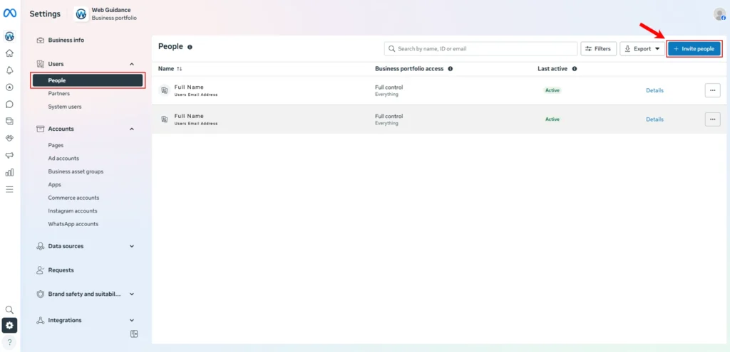 Meta Business Manager showing people access and permission options.
