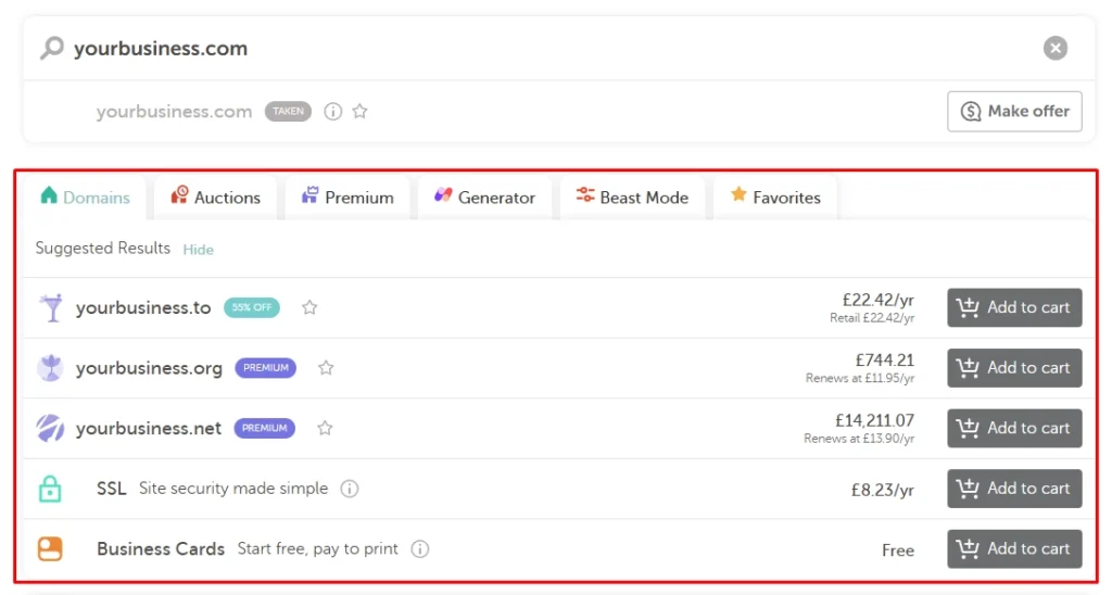 Namecheap showing suggested available domain alternatives.