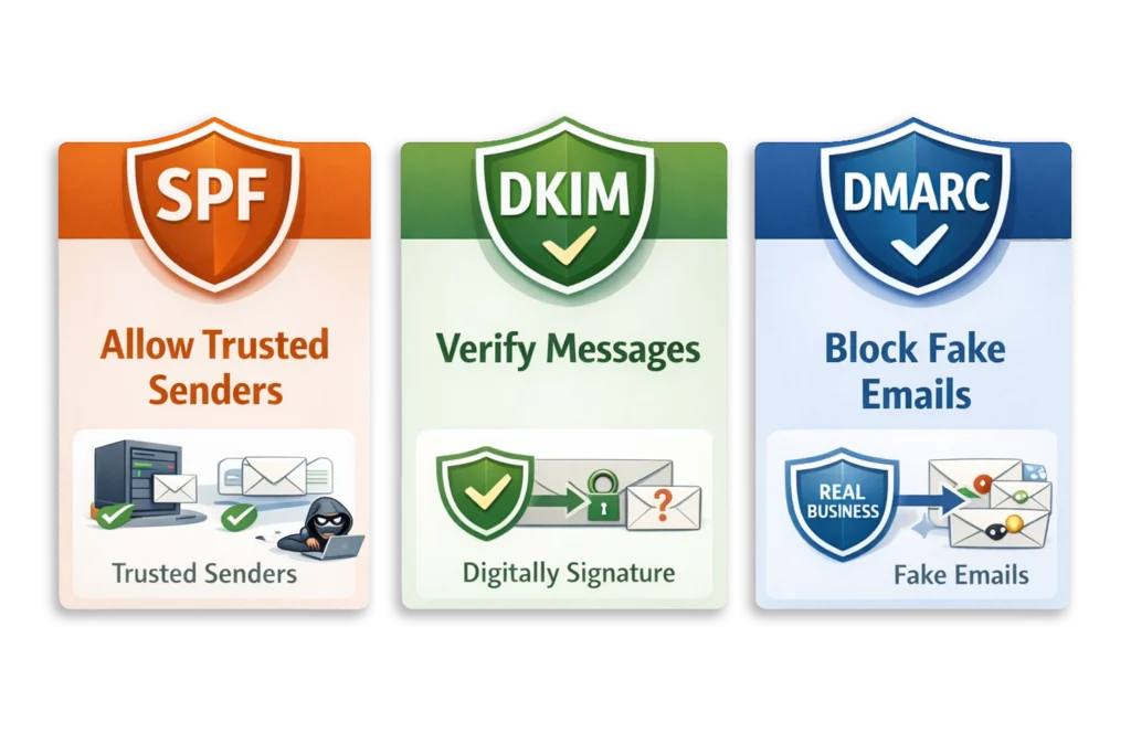 DNS records showing MX, SPF, DKIM and DMARC for business email setup